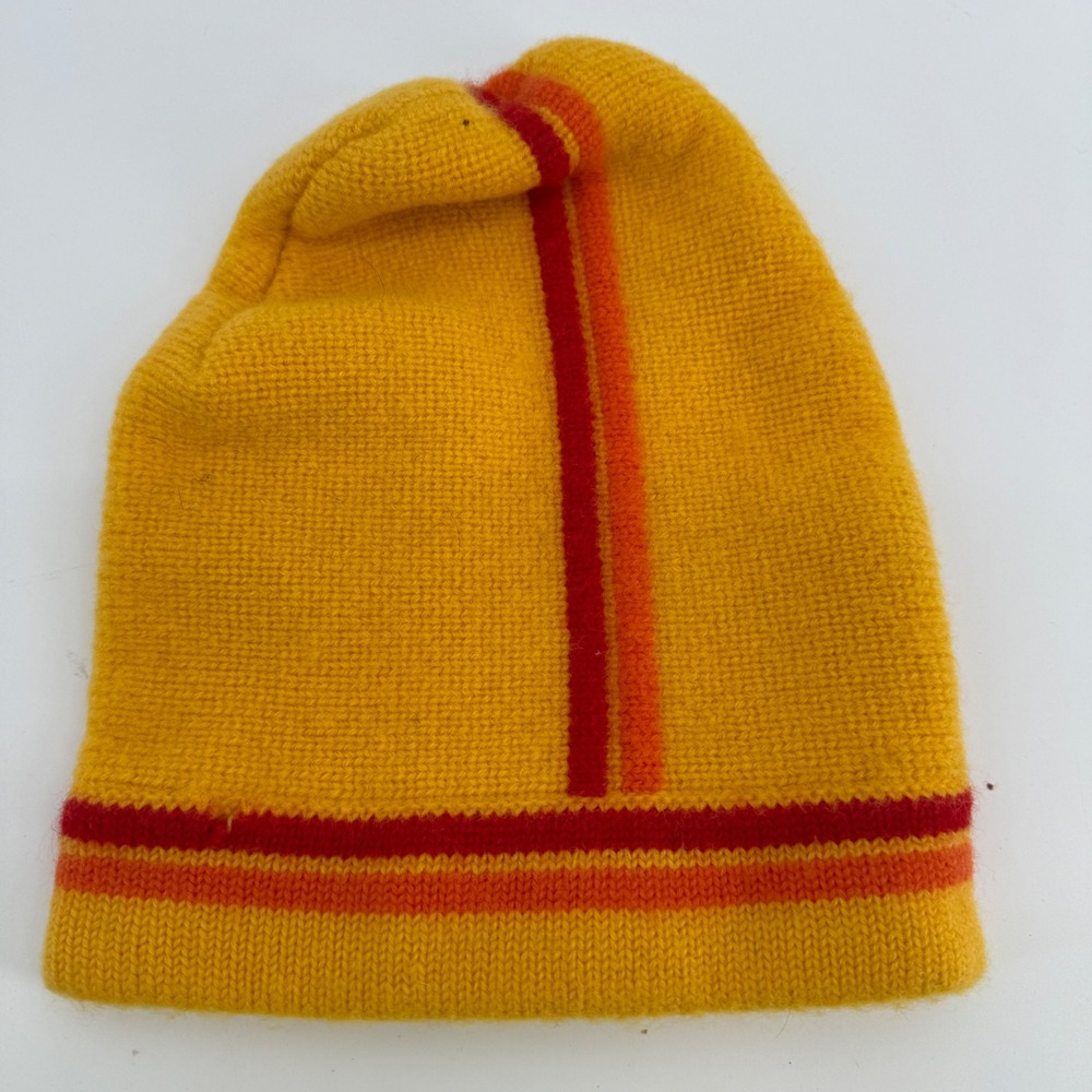 Vintage Meister Yellow Wool Beanie Ski Hat Red Orange Stripe Made in Hong Kong